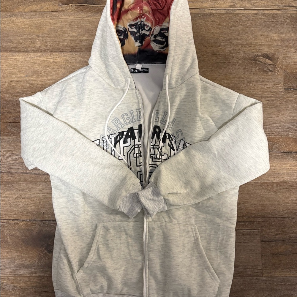 Supreme Light Gray Zip-Up Sweater with Graphic Hood